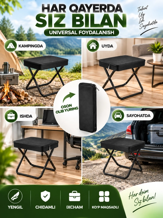 Yig‘ma stul portativ, kemping va sayohat uchun, 32×28×30 sm