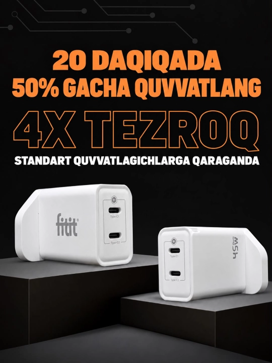 Apple, Samsung tez quvvatlash, 20Vt/45Vt/65Vt, 25 daqiqada 50% quvvatlash - FITIT