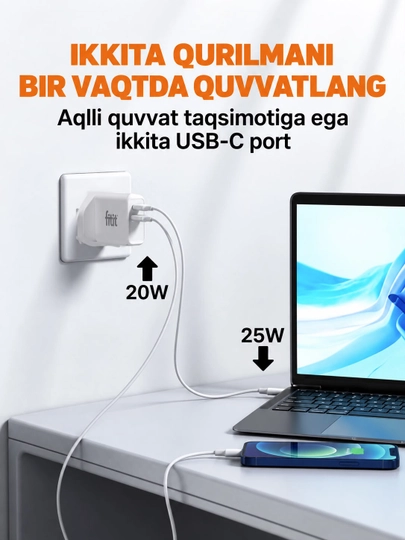 Apple, Samsung tez quvvatlash, 20Vt/45Vt/65Vt, 25 daqiqada 50% quvvatlash - FITIT