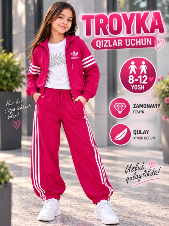 Тройка для девочки, худи, футболка и штаны, спортивный комплект, 8–12 лет