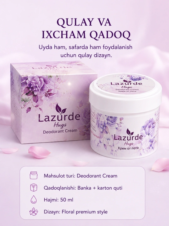 Lazurde ayollar uchun dezodorant, ter hidiga qarshi antiperspirant krem, 50 gr - 