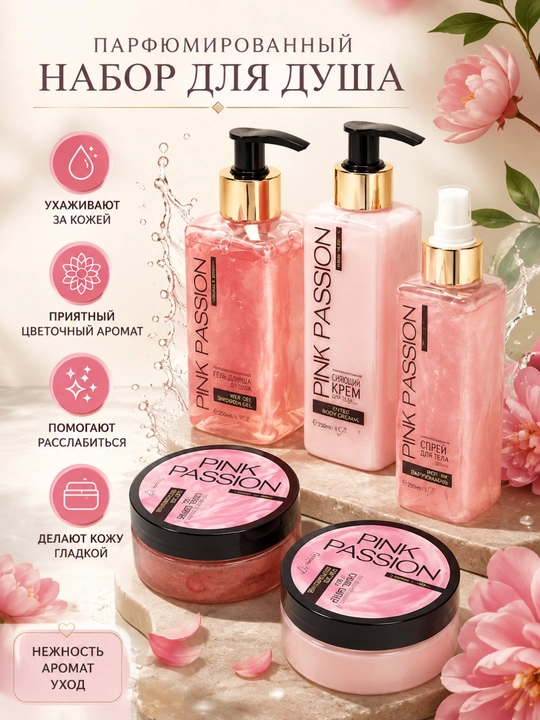Pink Passion - 5 ta vositadan iborat tana parvarishi to‘plami, dush uchun gel, krem, skran - 