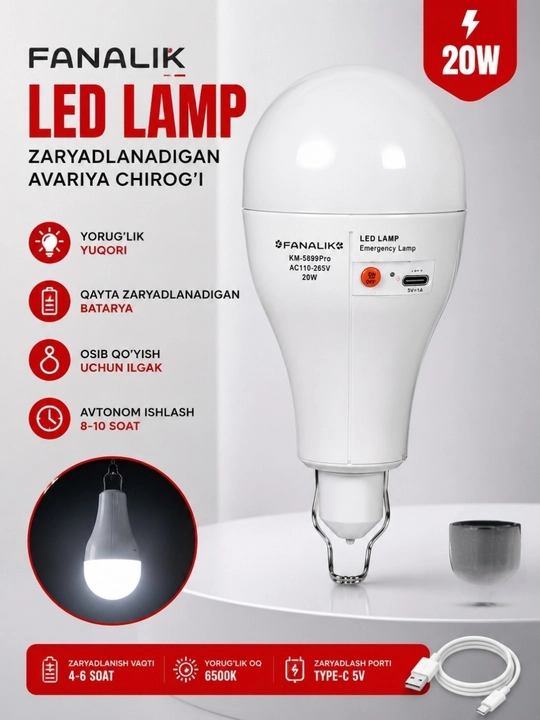 Akkumulyatorli LED Avariya Chirog‘i 20W – USB Type-C, Zaryadlanadigan Favqulodda Lampa - 