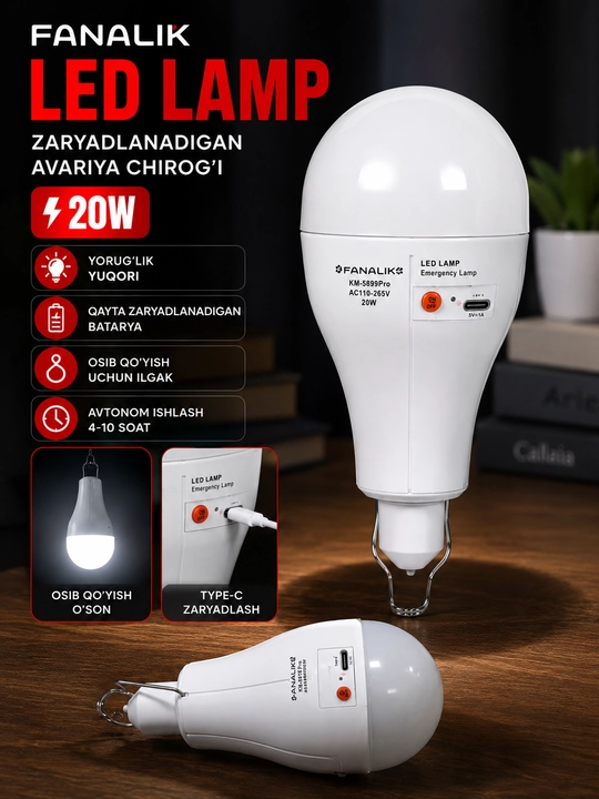 Akkumulyatorli LED Avariya Chirog‘i 20W – USB Type-C, Zaryadlanadigan Favqulodda Lampa