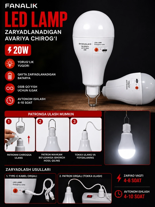 Akkumulyatorli LED Avariya Chirog‘i 20W – USB Type-C, Zaryadlanadigan Favqulodda Lampa
