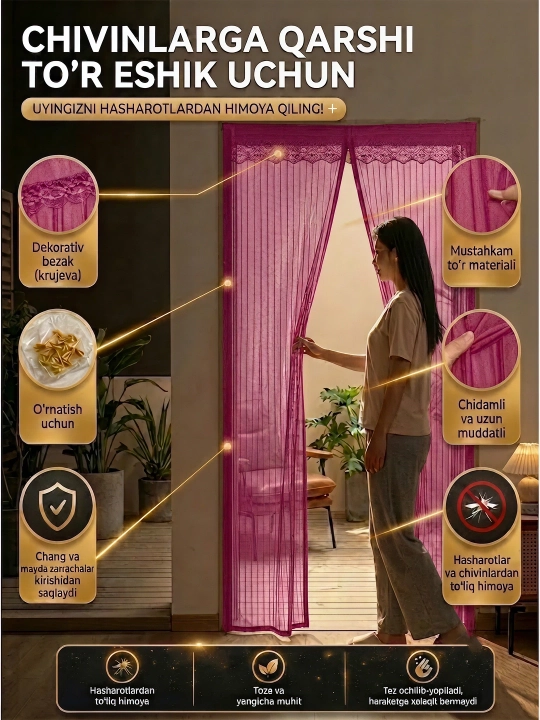 Eshik uchun magnitli to'r parda, chang, hasharotlardan himoya, lipuchkasiz - 