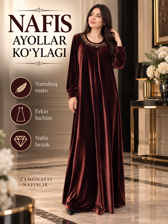 Ayollar uchun nafis velyur ko‘ylak, uzun va keng bichimli, gul naqshli - 