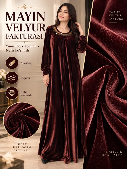 Ayollar uchun nafis velyur ko‘ylak, uzun va keng bichimli, gul naqshli