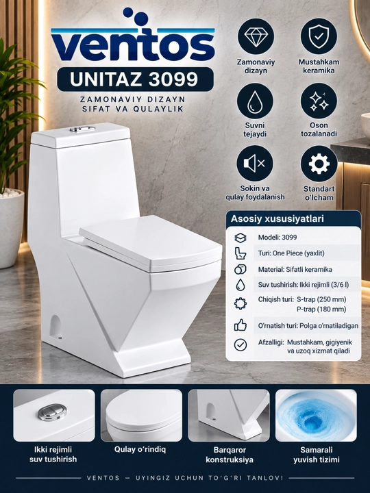 Ventos 3099 unitaz — oq keramika, zamonaviy dizayn va qulay yuvish tizimi - 