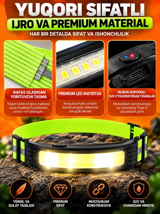 Akkumulyatorli COB LED bosh fonari, 5 xil yoritish rejimi, sensorli boshqaruv, Type-C