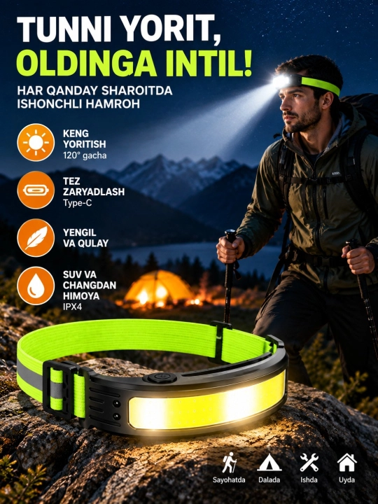 Akkumulyatorli COB LED bosh fonari, 5 xil yoritish rejimi, sensorli boshqaruv, Type-C