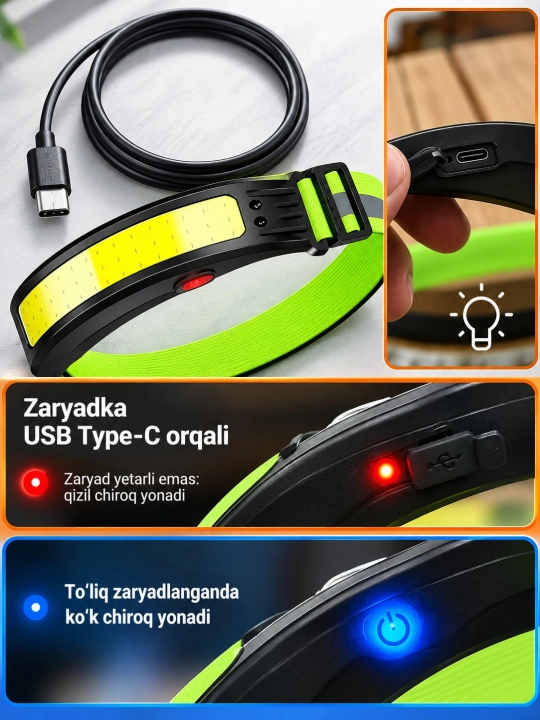 Akkumulyatorli COB LED bosh fonari, 5 xil yoritish rejimi, sensorli boshqaruv, Type-C