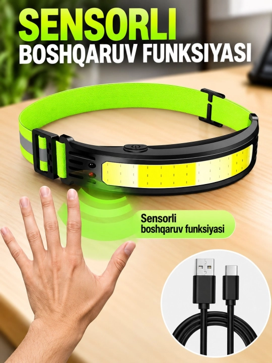 Akkumulyatorli COB LED bosh fonari, 5 xil yoritish rejimi, sensorli boshqaruv, Type-C