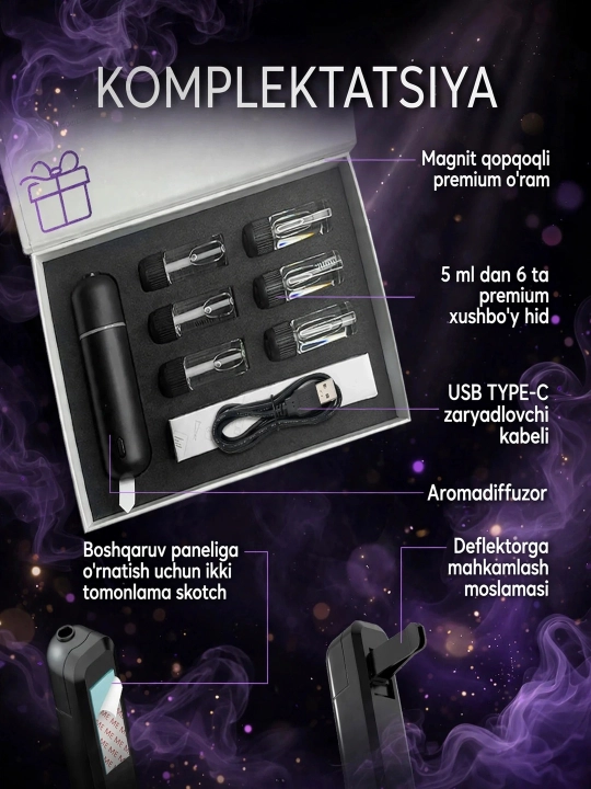 Avtomobil va uy uchun ultratovushli aromadiffuzor + 6 ta premium hid 5ml, Type-C, simsiz
