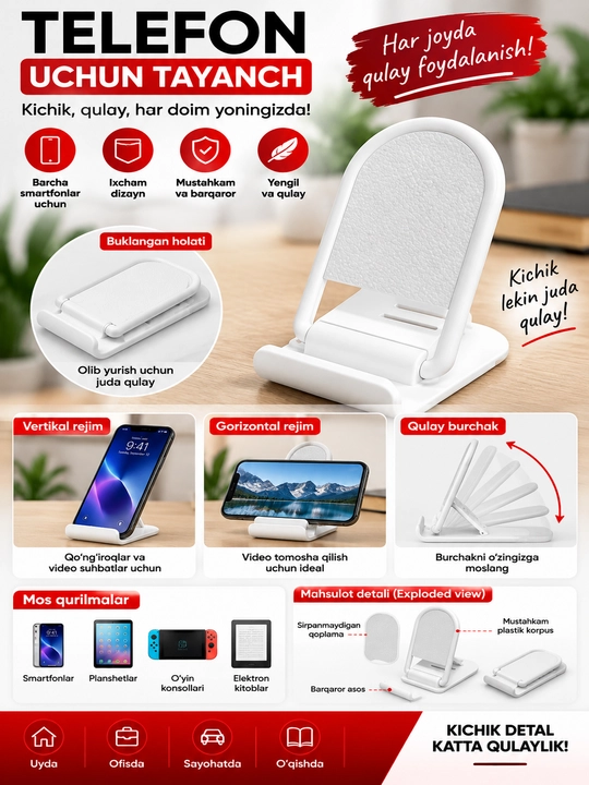 MINI HOLDER telefon uchun buklanadigan stol usti taglik, sozlanadigan burchak