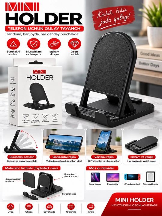 MINI HOLDER telefon uchun buklanadigan stol usti taglik, sozlanadigan burchak