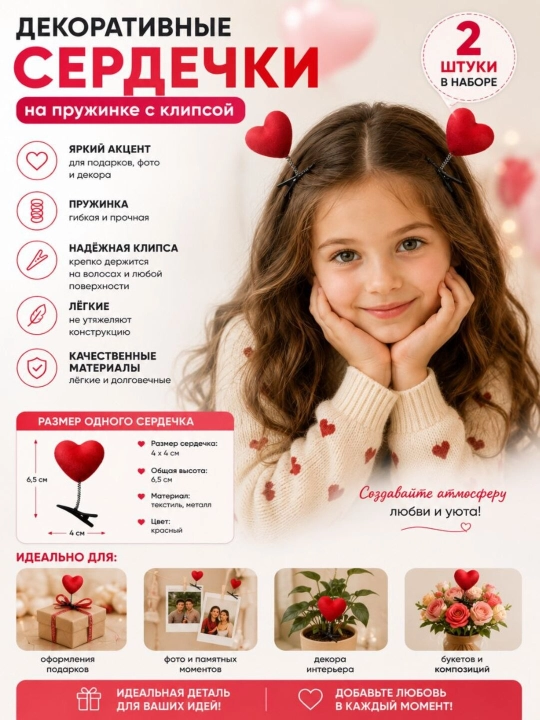 Декоративные заколки «Сердечки» на пружинке с клипсой, 2 шт