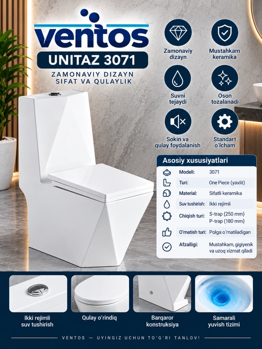 Ventos unitaz — zamonaviy va qulay bir butun unitaz - 