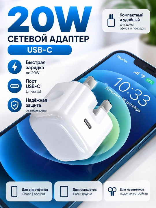 Зарядного устройства мощностью 20 Вт для iPhone X,11,12,13,14 с кабелем USB-C — Lightning