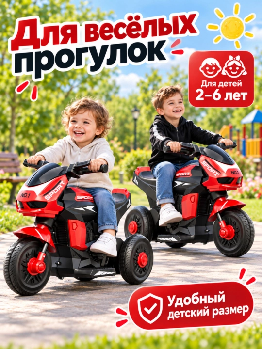 Детский электромотоцикл 2–6 лет, 3 колеса, музыка, широкие шины для улицы