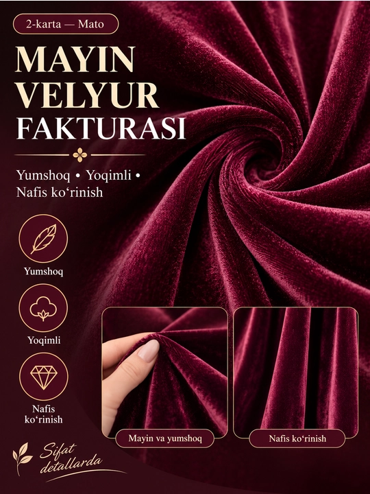 Ayollar uchun nafis velyur ko‘ylak, uzun va keng bichimli, gul naqshli