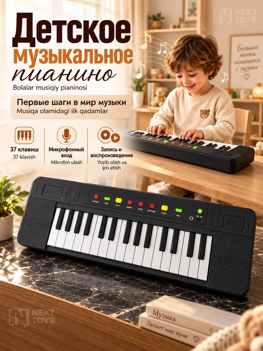 Детский электронный синтезатор с микрофоном пианино игрушка и функцией записи звука - 