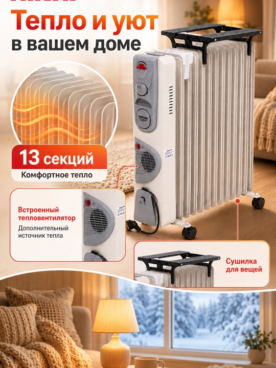 NIKAI moyli isitgichi, termo-puflanadigan pech + quritgich, 13 ta qovurg‘a, 30 kv.m gacha