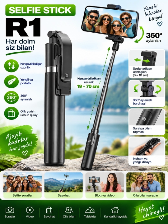 SELFIE STICK R1-L telefon uchun buklanadigan monopod, 360° aylanuvchi ushlagich - 