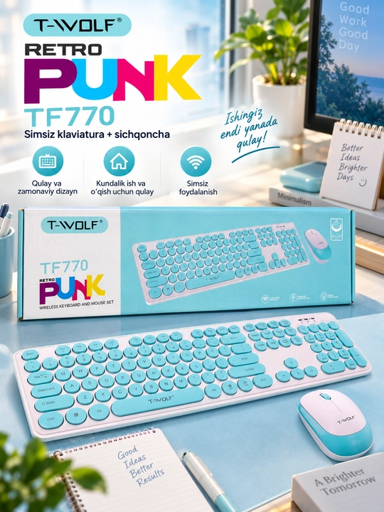 T-WOLF TF770 Retro Punk simsiz klaviatura va sichqoncha to‘plami - 
