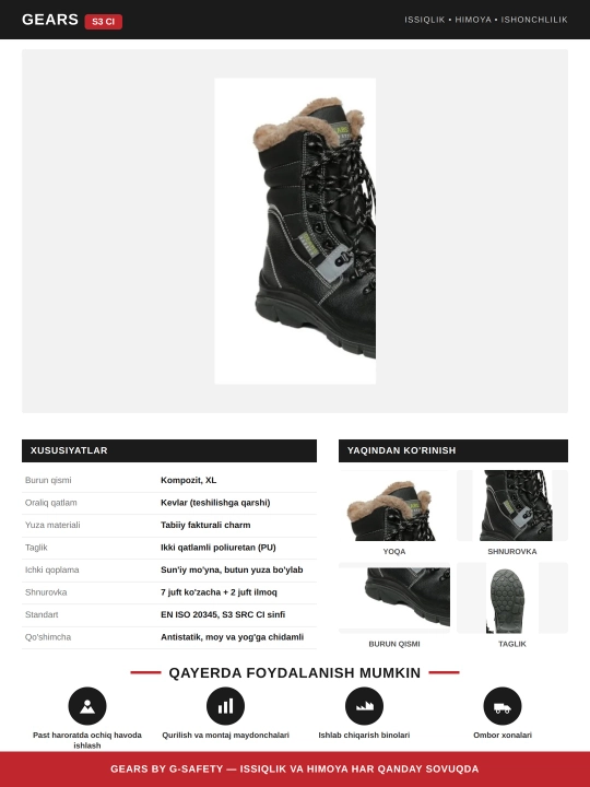 GDS110 GEARS S3 SRC CI mo‘ynali (issiq) charm maxsus poyabzali