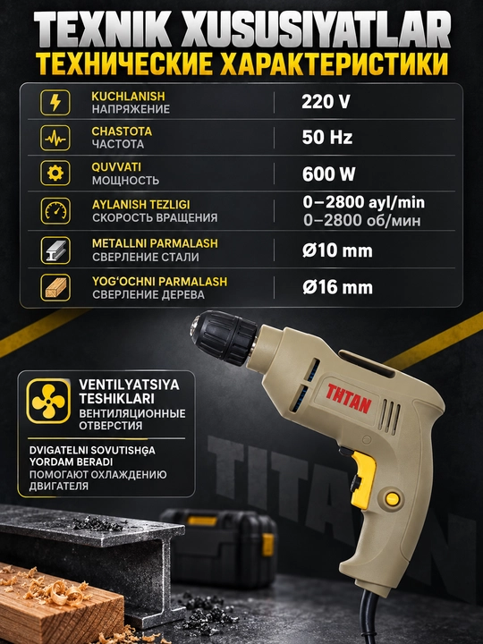 TITAN elektr drel 530 W 10 mm 0 2800 ayl min