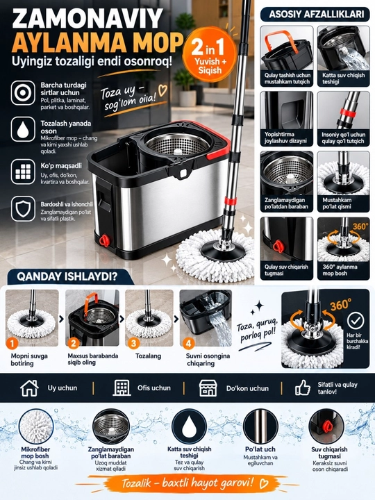 360° aylanuvchi spin-mop, chelak va siqish tizimi - 