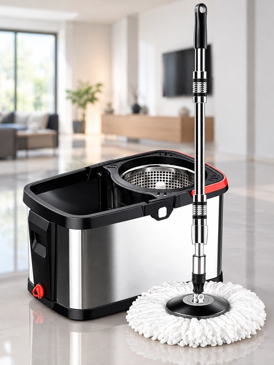 360° aylanuvchi spin-mop, chelak va siqish tizimi