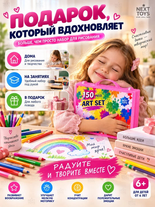Творческий набор для рисования, карандаш, акварель, 145 предмет, детский чемодан для детей
