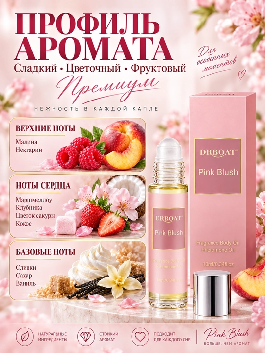 Ayollar uchun moyli atir Pink Blush 10 ml, roll-on parfyum, shirin gulli-mevali hid