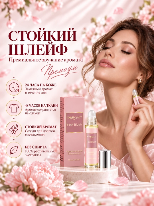 Ayollar uchun moyli atir Pink Blush 10 ml, roll-on parfyum, shirin gulli-mevali hid