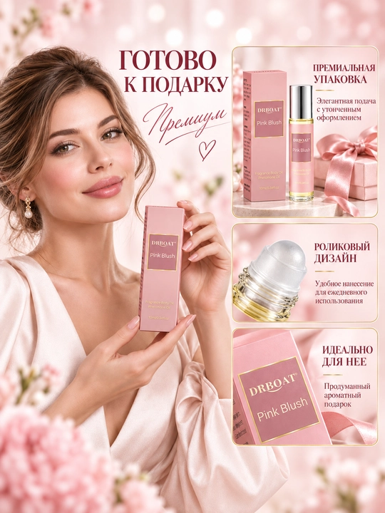 Ayollar uchun moyli atir Pink Blush 10 ml, roll-on parfyum, shirin gulli-mevali hid