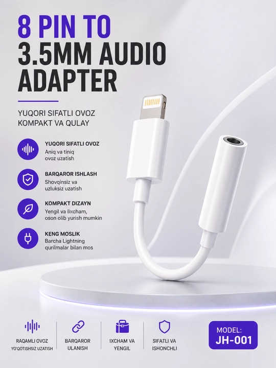 Аудиоадаптер iPhone Lightning 8 Pin – 3.5 мм для Наушников с Чистым Hi-Fi Звуком - 