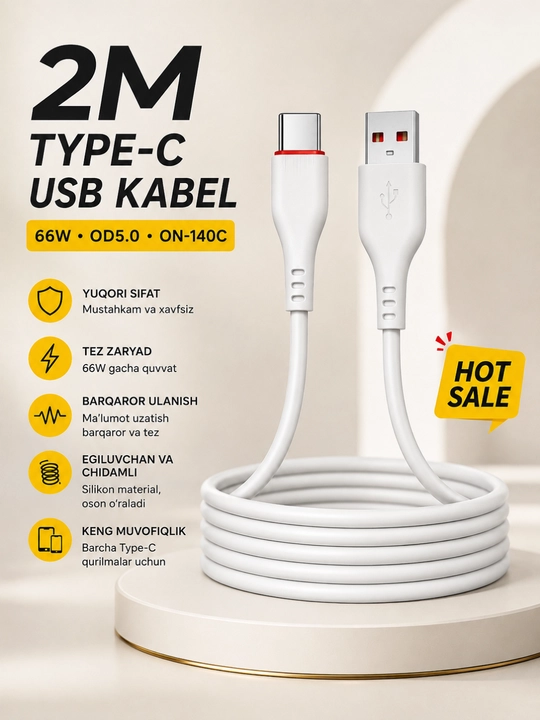 Силиконовый кабель USB Type-C 66W 2 метра — быстрая зарядка и стабильная передача данных - 