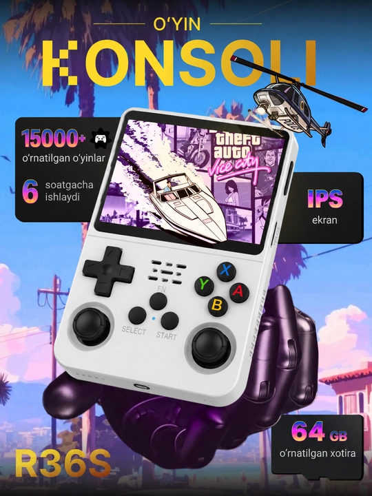Портативная игровая консоль R36S, 64 ГБ, 3.5" IPS, ретро приставка PSP, PS1, NES, GBA - 