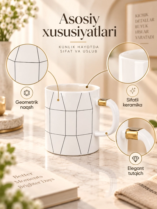 Keramik krujka choy va kofe uchun, geometrik dizaynli estetik chashka