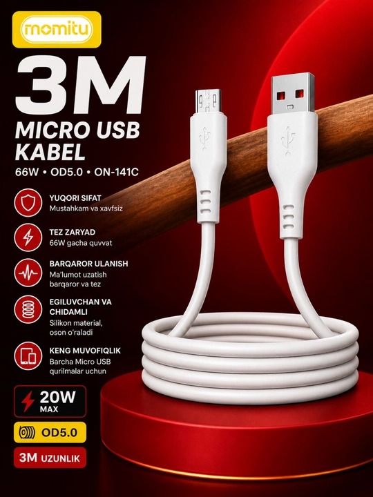 Inomitu Micro USB кабель 66W 3метра — силиконовый кабель для быстрой зарядки и передачи данных - 