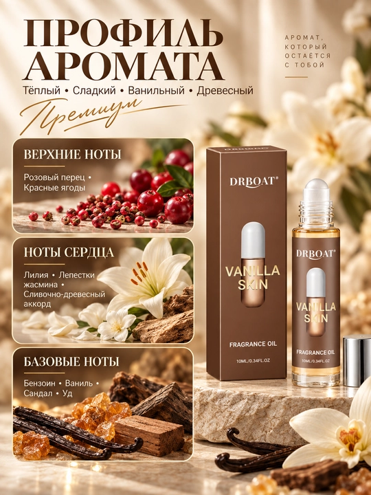 Ayollar roll-on atiri Vanilla Skin 10 ml, shirin vanilli va yog‘ochsimon hid