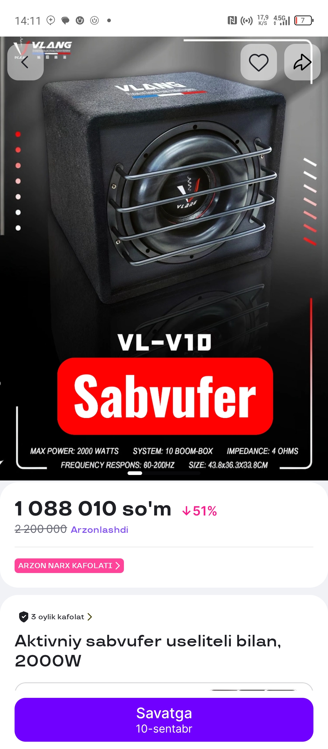 Aktivniy sabvufer useliteli bilan, 2000W