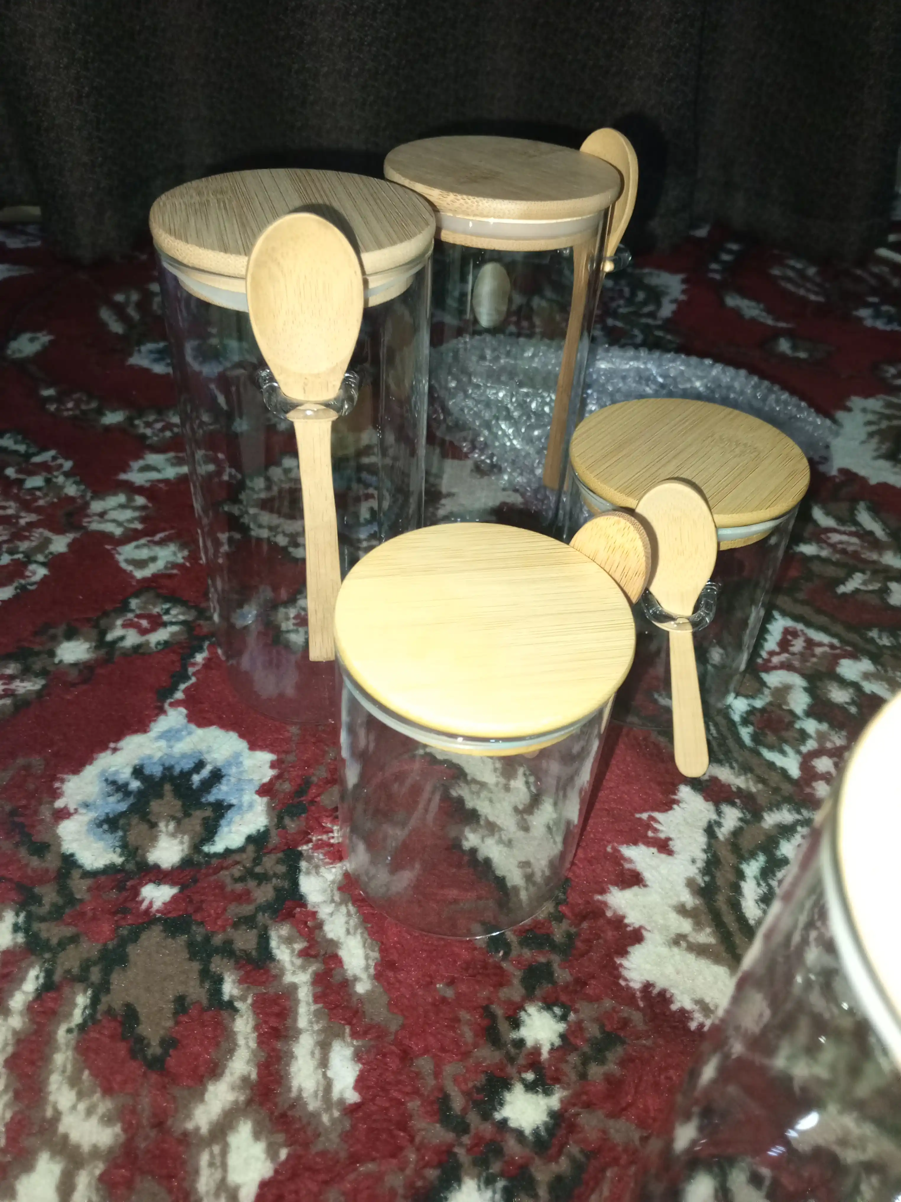 Shisha idish, quruq mahsulotlar uchun, germetik, 600–1200 ml, qoshiq bilan to‘plamda