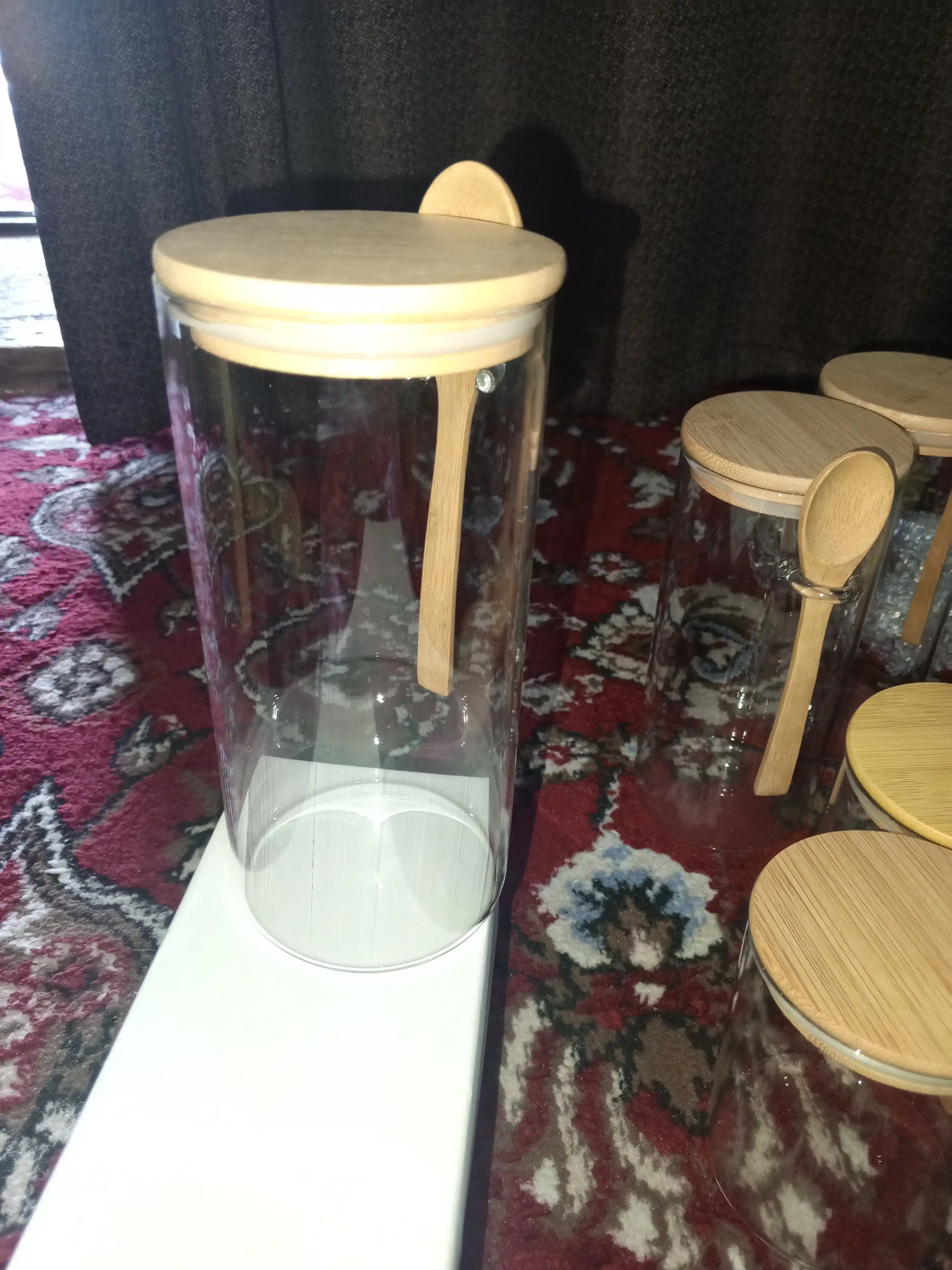 Shisha idish, quruq mahsulotlar uchun, germetik, 600–1200 ml, qoshiq bilan to‘plamda