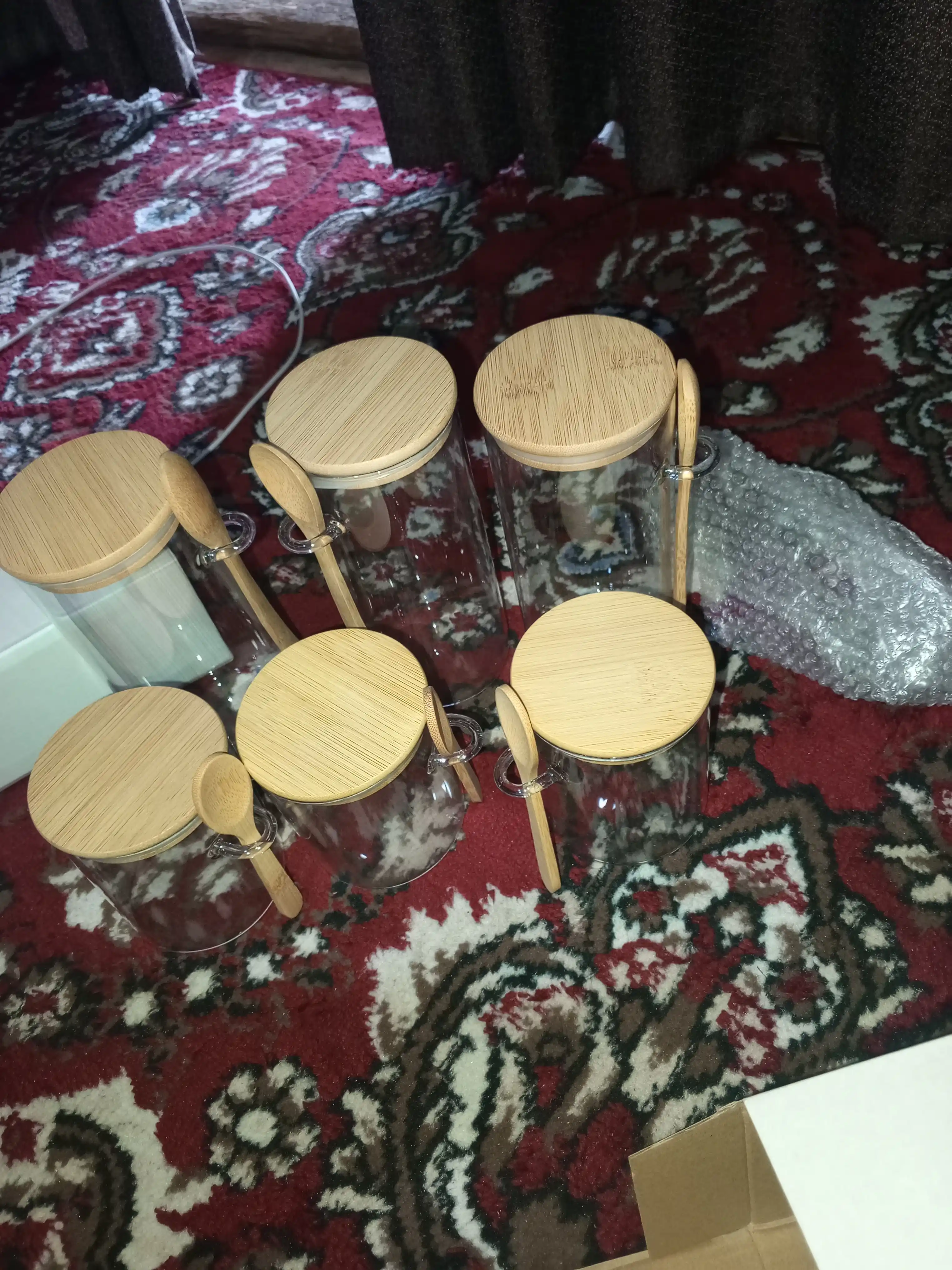 Shisha idish, quruq mahsulotlar uchun, germetik, 600–1200 ml, qoshiq bilan to‘plamda
