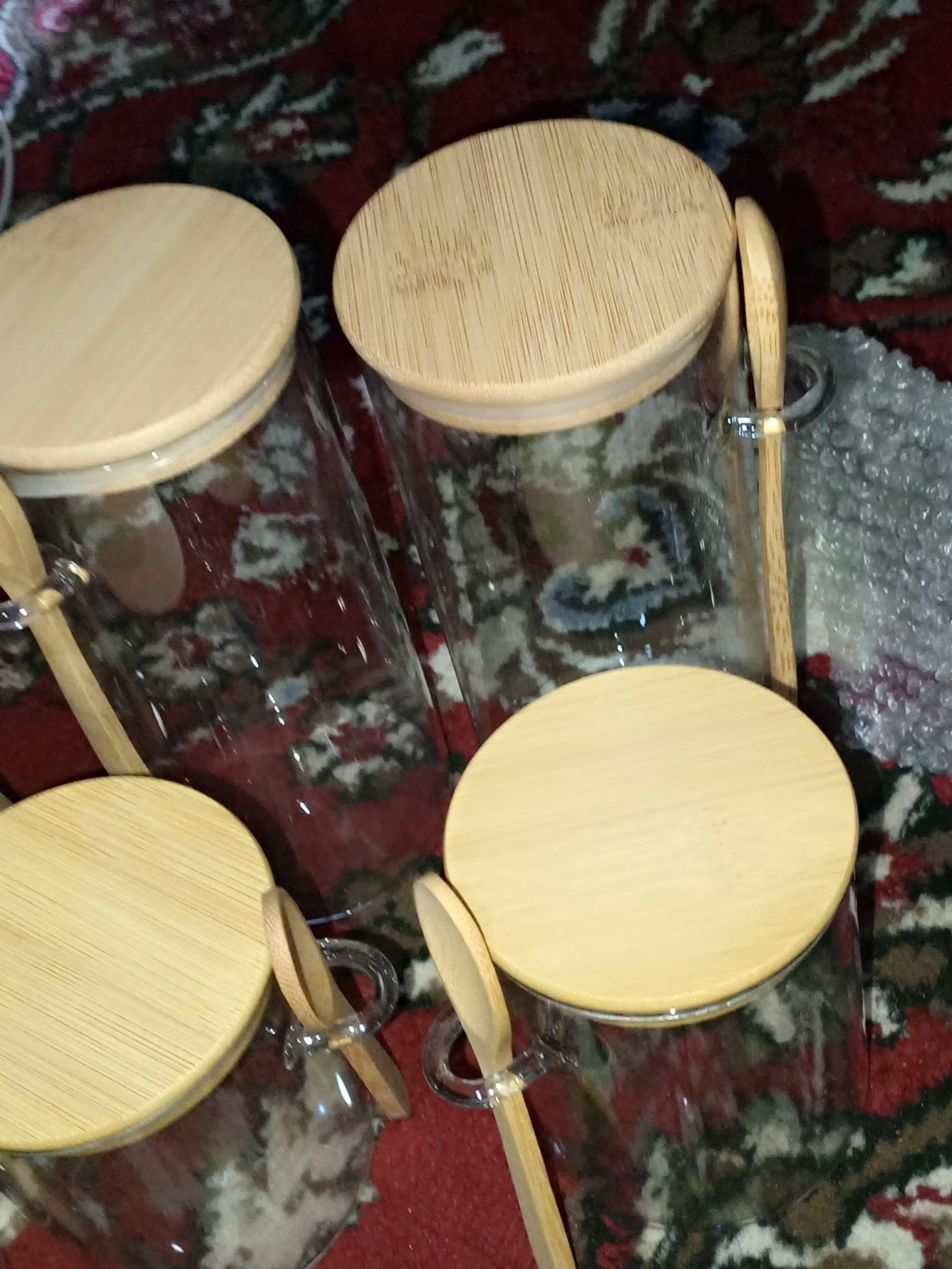 Shisha idish, quruq mahsulotlar uchun, germetik, 600–1200 ml, qoshiq bilan to‘plamda