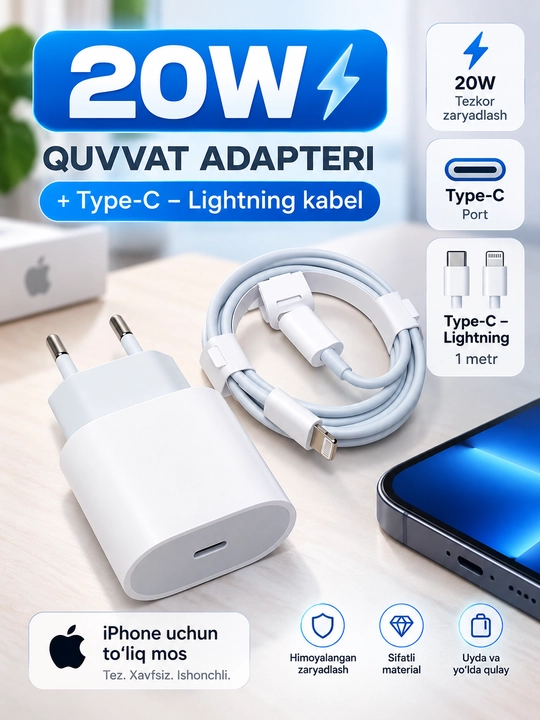 Зарядного устройства мощностью 20 Вт для iPhone X,11,12,13,14 с кабелем USB-C — Lightning - 