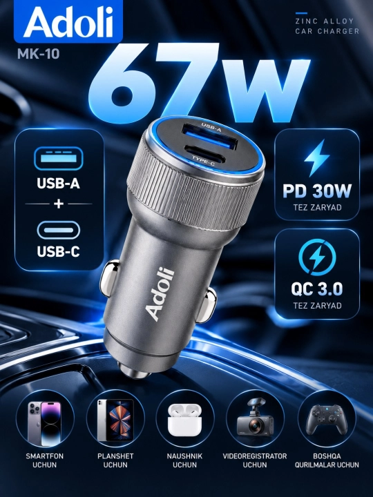 Adoli MK-11 67W avtomobil zaryadkasi, USB-A + USB-C, PD 30W, QC 3.0, GaNli tez zaryadlash